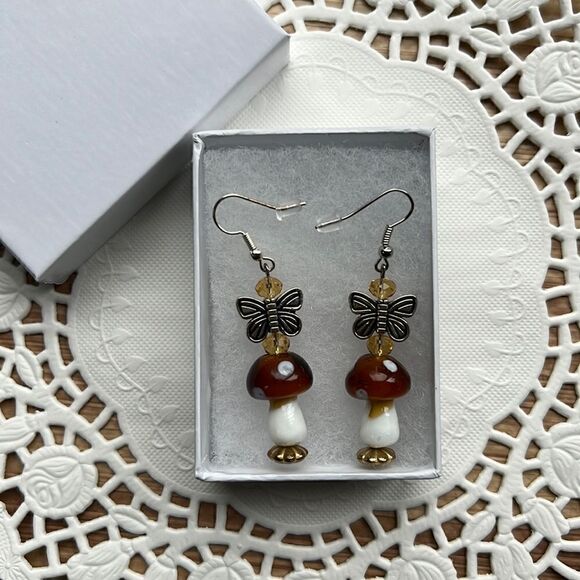 Butterfly Mushroom Earrings, Cottagecore, Dangle, Glass, Gold, Silver - Picture 2 of 11